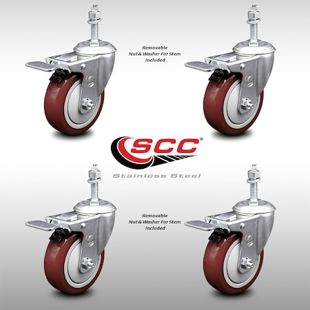Service Caster 4 Inch SS Maroon Polyurethane 3/8 Inch Threaded Stem Caster Set Total Lock Brake SCC-SSTSTTL20S414-PPUB-MRN-381615-4